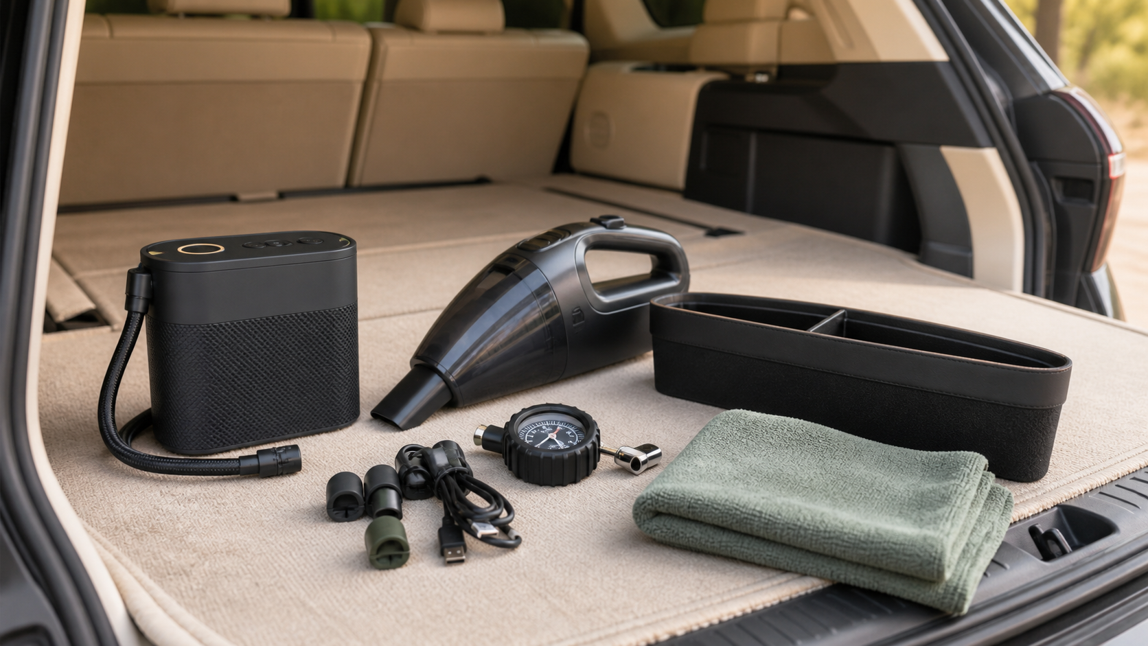 Homivaria auto tech kit arranged in a vehicle cargo area